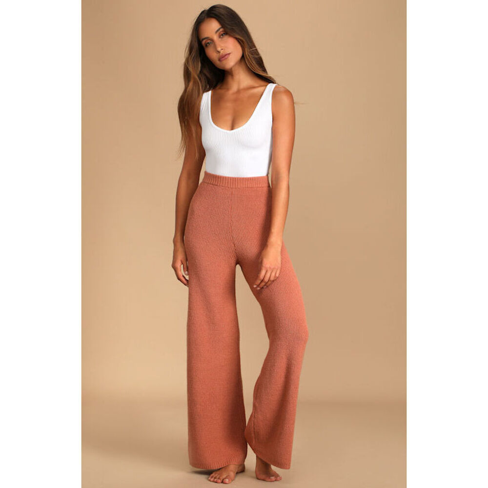 Lulus Known To Be Cozy Rusty Rose Wide-leg Sweater Pants Pink - Size XL